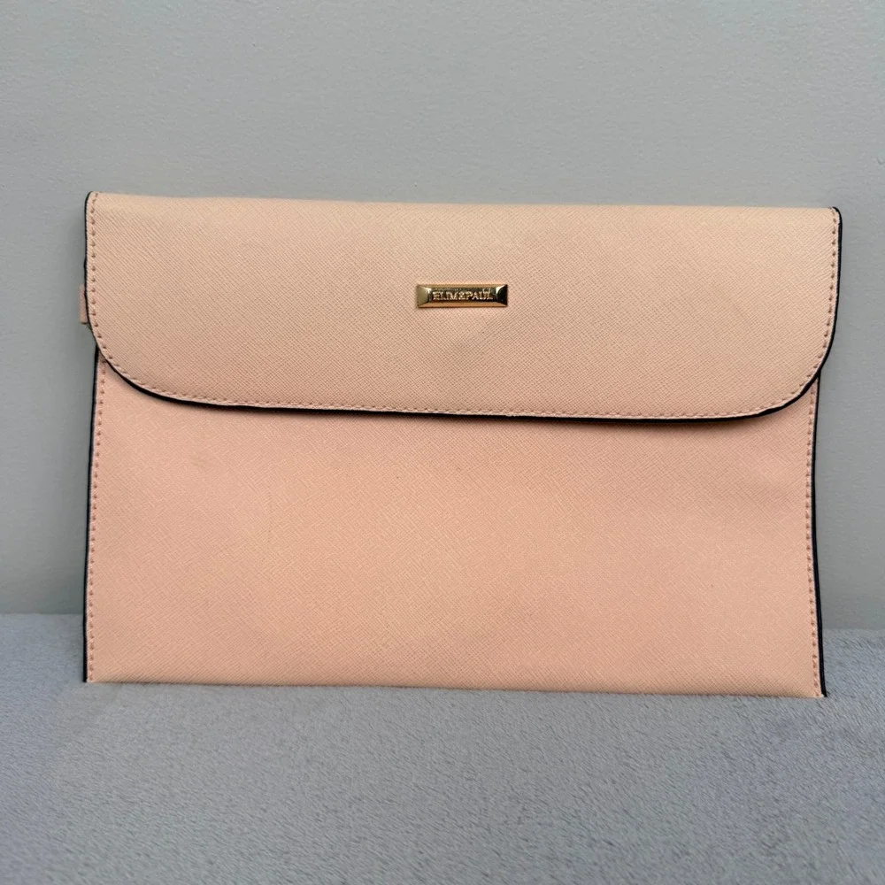 Elim & Paul Peach Saffiano Faux Leather Envelope Clutch Bag Small Pink Gold Tone